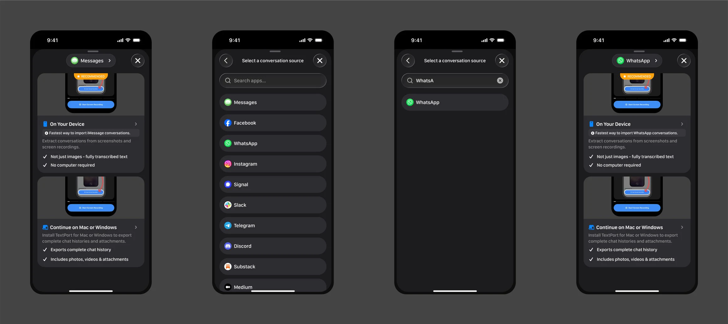 TextPort: Onboarding and import, in light and dark