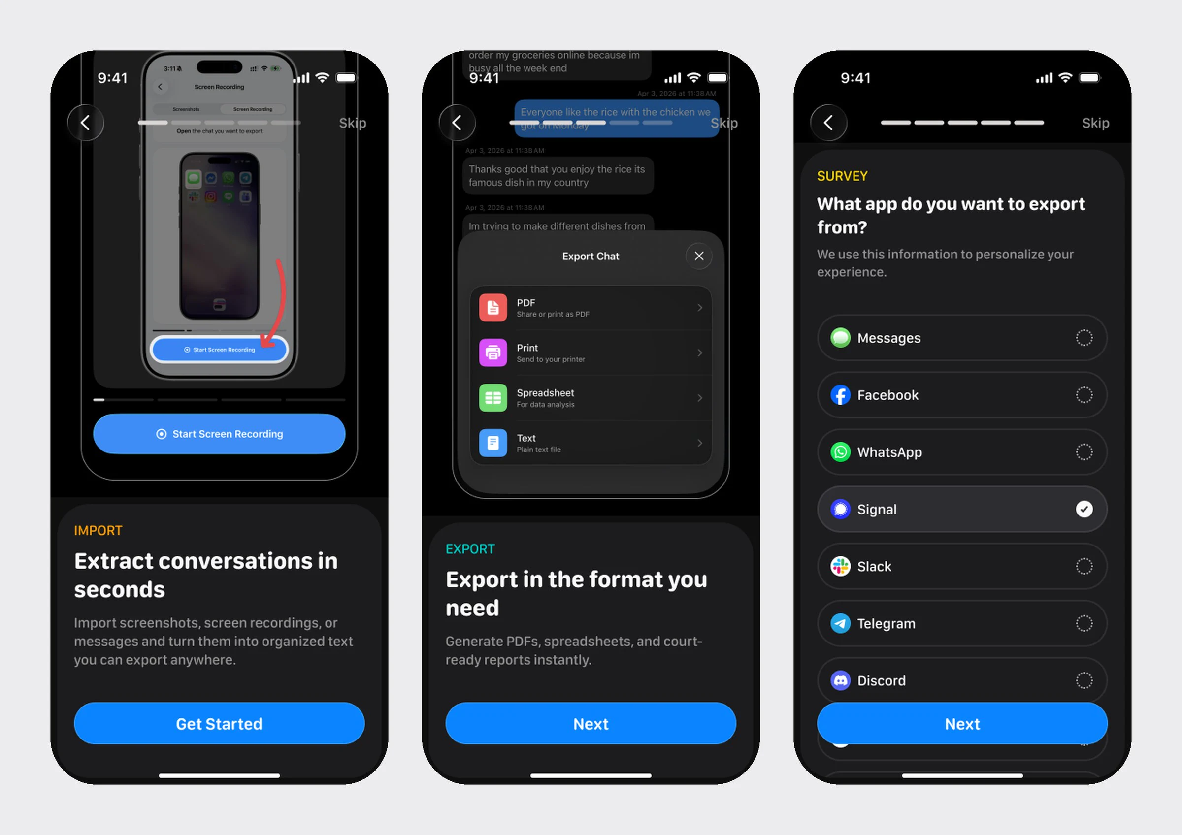 TextPort: Onboarding and import, in light and dark