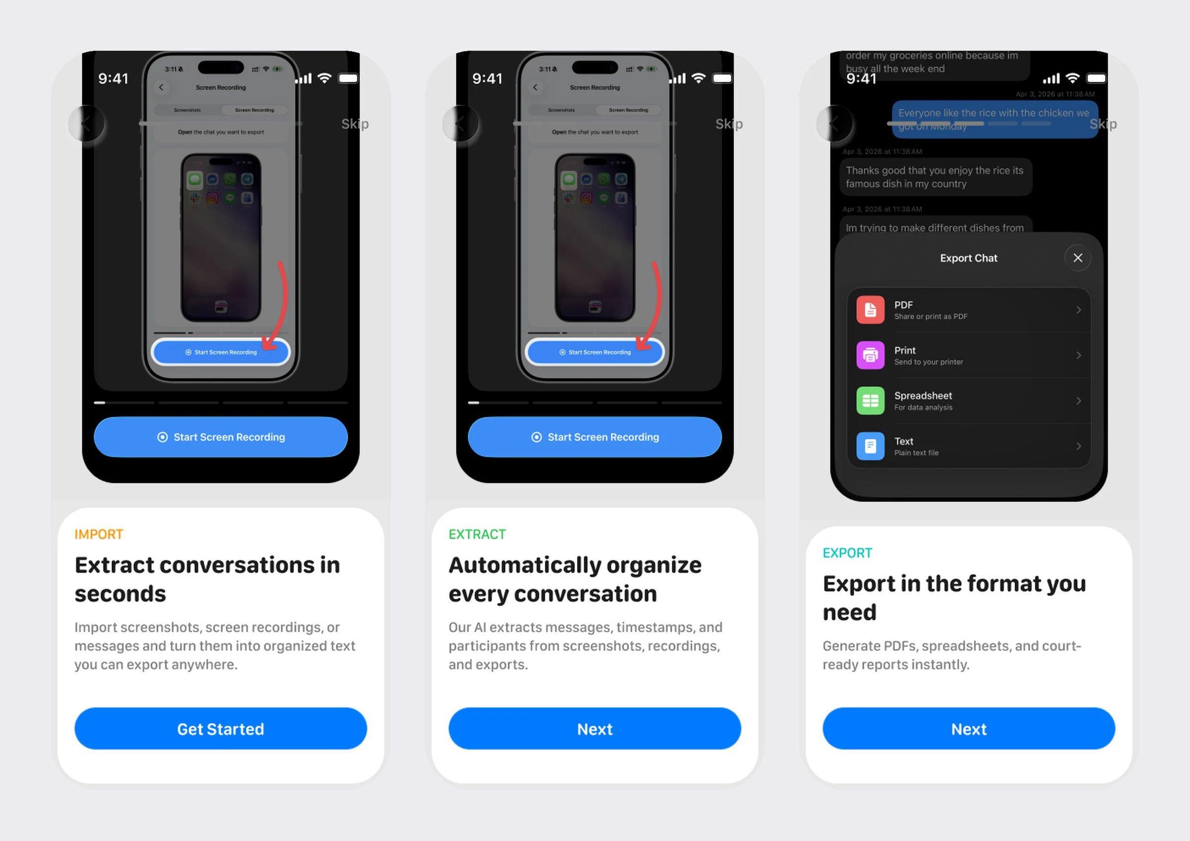 TextPort: Onboarding and import, in light and dark
