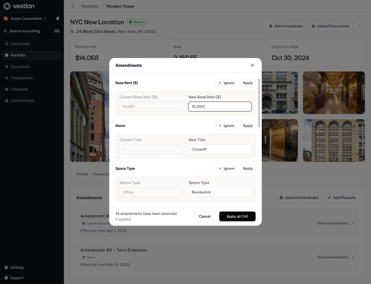 Vestian: Upload a lease, review the changes